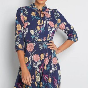 Navy floral tie-neck dress w/ removable belt